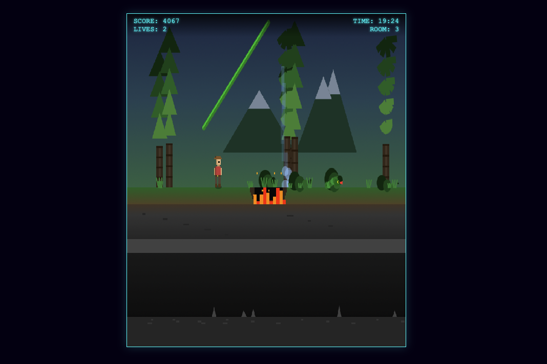 Indie Jones gameplay screenshot showing jungle adventure with vines and hazards